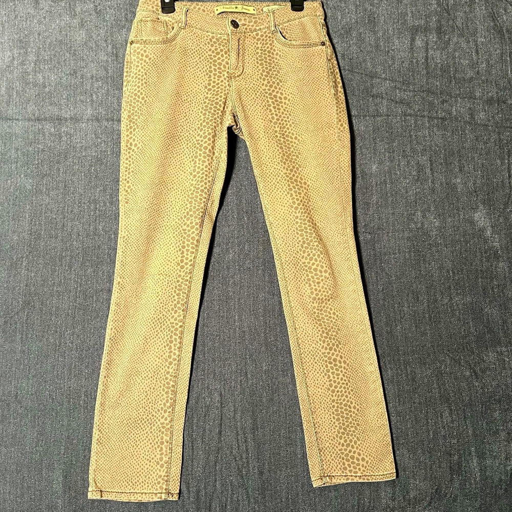 Vanilla Star Womens Slim Skinny Animal Print Beige Stretch Denim Mid Rise Jeans